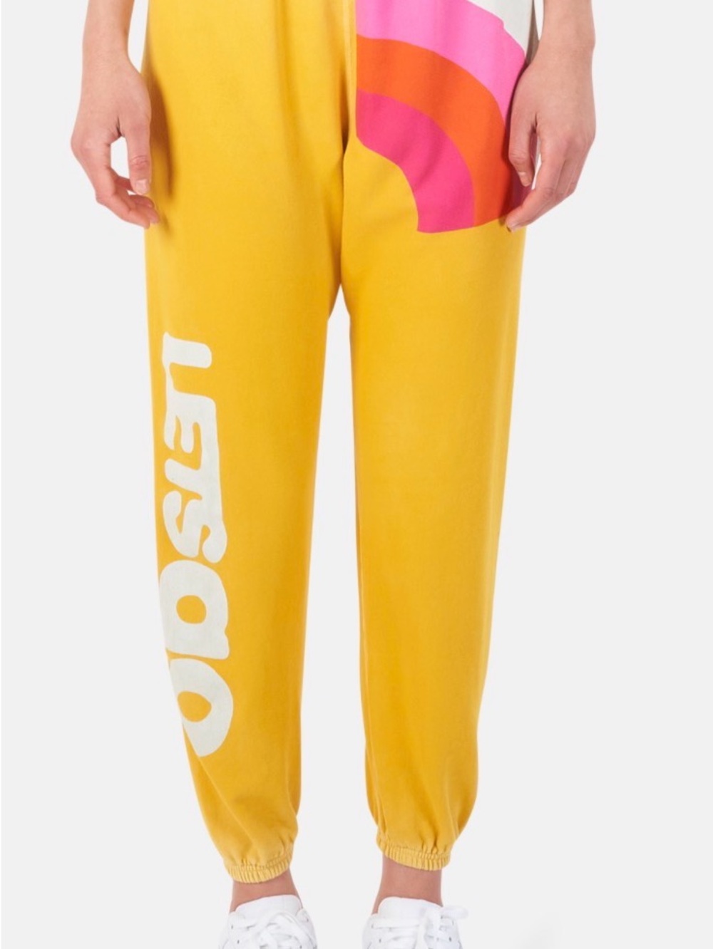 freecity Yellow Graphic Track Joggers with Pink Accent